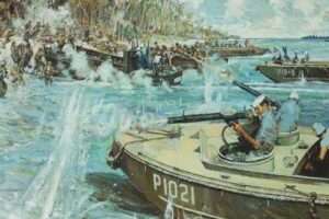 A painting depicts Coast Guardsmen evacuating Marines near Point Cruz, Guadalcanal Island, during the Second Battle of the Matanikau on Sept. 27, 1942. The Coast Guard marks its 235th birthday Aug. 4, 2025.