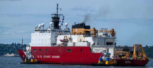 U.S. Coast Guard Cutter Healy (WAGB 20) transits the Puget Sound en route to the Arctic region, June 19, 2025. The Healy will conduct high latitude science and research missions in the Arctic. (U.S. Coast Guard photo by Petty Officer 2nd Class Briana Carter)
