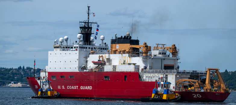 U.S. Coast Guard Cutter Healy (WAGB 20) transits the Puget Sound en route to the Arctic region, June 19, 2025. The Healy will conduct high latitude science and research missions in the Arctic. (U.S. Coast Guard photo by Petty Officer 2nd Class Briana Carter)