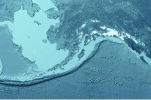 3D render and imaging of topographic map of Alaska showing the Gulf of Alaska, Aleutian Islands and Bering Sea. Satellite images courtesy of NASA. Credit: Frank Ramspott