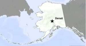 Illustration by UAF Geophysical Institute
A star on a map of Alaska marks Denali's location.