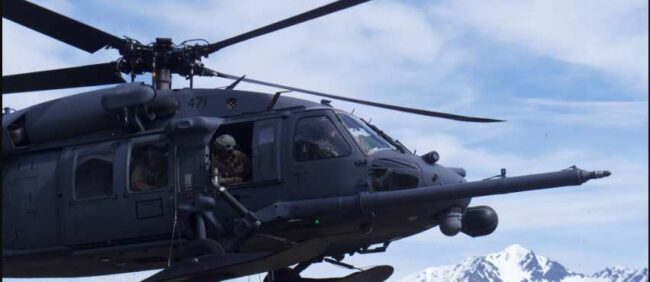 A 210th Rescue Squadron HH-60G Pave Hawk carries out hoist training June 5, 2018, at Eklutna Glacier. Aircrew of 210th RQS and 212th Rescue Squadron Guardian Angels rescued nine victims of a plane crash accident July 12, 2024, at Denali Park in partnership with National Park Service and Talkeetna Air Taxi helicopter crews. (Alaska Air National Guard photo by David Bedard)