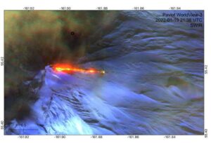 Photo courtesy of Alaska Volcano Observatory
Lava erupts at Pavlof Volcano on Jan. 19, 2022. This shortwave infrared false color image shows the lava flowing from the volcano’s eastern flank and extending almost a mile eastward.