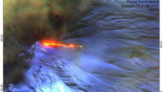 Photo courtesy of Alaska Volcano Observatory Lava erupts at Pavlof Volcano on Jan. 19, 2022. This shortwave infrared false color image shows the lava flowing from the volcano’s eastern flank and extending almost a mile eastward. UAF researcher creates way to detect elusive volcanic vibrations