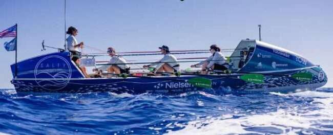 Photo courtesy of Noelle Helder
From left, Lauren Shea, Chantale Bégin, Isabelle Côté and Noelle Helder propel their 28-foot boat Emma off the coast of Florida during a training run for their crossing of the Atlantic Ocean.