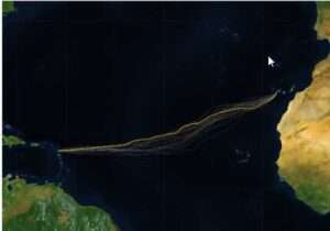 Image courtesy of Noelle Helder
The yellow line reflects the GPS tracking of the Salty Science four-woman team’s crossing of the Atlantic Ocean from off the coast of Africa to north of South America.