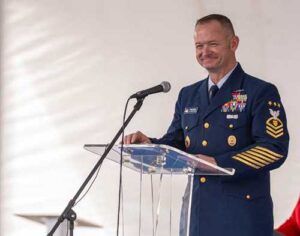 Master Chief Petty Officer of the Coast Guard Phillip Waldron, cutter sponsors, and Coast Guard personnel participate in the keel authentication ceremony for the future cutters Allen Thiele, Fred Permenter, and Samuel Wilson in Bayou La Batre, Alabama. (U.S. Coast Guard courtesy photo Birdon Group)