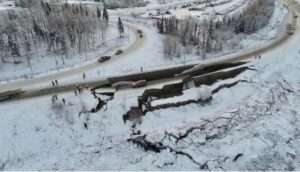 Photo courtesy of the Alaska Department of Transportation and Public Facilities
Cracks obstruct a portion of Minnesota Drive in Anchorage after a magnitude 7 earthquake that occurred at 8:29 a.m. Nov. 30, 2018.
