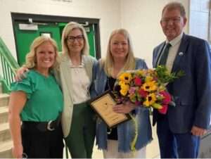 From left to right: Colony High School Principal Kristy Johnson, DEED Commissioner Deena Bishop, 2025 Alaska Teacher of the Year Kelly Rentz, Matanuska-Susitna Borough School District Superintendent Randy Trani