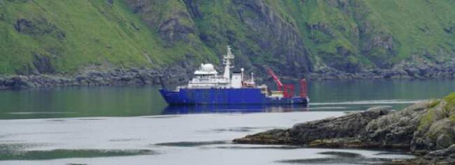 Photo courtesy of Sarah Betcher/Farthest North Films
The research vessel Sikuliaq visits Quail Bay on Kagalaska Island during a 2022 science cruise in the Aleutian Islands.