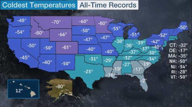 Graphic courtesy of the National Oceanographic and Atmospheric Administration
The map displays the coldest temperatures found in each state’s period of recorded records, including Alaska’s minus 80 degrees F on Jan. 23, 1971.