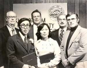 Photo courtesy of UAF CRCD
Kuskokwim Community College celebrated its first commencement on Tuesday, May 13, 1975. Left to right: Robert W Hiatt, UA president; Louis Andrew; Lewis Haines, provost, UA South Central Region; Beatrice Jones; Huge B Fate Jr., UA Board of Regents; and Patrick J. O’Rourke, director, Kuskokwim Community College.