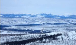 Photo by Ned Rozell
The Dalton Highway winds through the Jim River and Prospect Creek valleys in northern Alaska, where an official thermometer registered Alaska’s all-time low of minus 80 degrees F on Jan. 23, 1971.