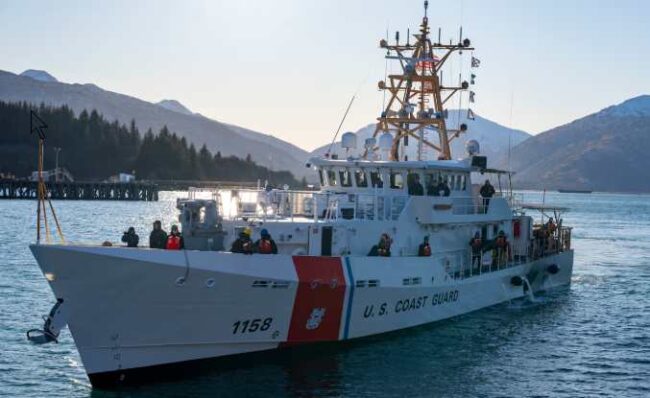 The crew of U.S. Coast Guard Cutter John Witherspoon (WPC 1158) arrives to their homeport in Kodiak, Alaska, aboard their cutter for the first time, Jan. 28, 2025. The Witherspoon is the first of three new cutters to be stationed in Kodiak, has a crew of 24 people, and has a range of approximately 2,500 miles. (U.S. Coast Guard photo by Petty Officer 1st Class Shannon Kearney)