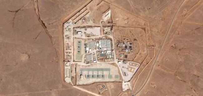 This satellite photo from Planet Labs PBC shows a military base known as Tower 22 in northeastern Jordan, Oct. 12, 2023. Three American troops were killed and 34 wounded on Jan. 28.