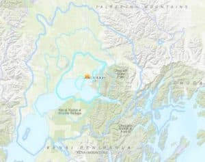 The USGS shakemap of the 4.9 magnitude event northwest of Anchorage early Thursday morning. Image-USGS