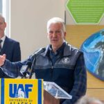 UAF photo by Eric Engman U.S. Sen. Dan Sullivan speaks during a press conference announcing a collaboration between the University of Alaska Fairbanks and the Defense Innovation Unit on Friday, May 8, 2026, in the Akasofu Building on the Troth Yeddha’ Campus in Fairbanks. Christian Whitchurch, director of DIU's Human Systems Portfolio, stands nearby.