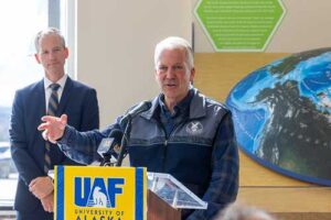 UAF photo by Eric Engman
U.S. Sen. Dan Sullivan speaks during a press conference announcing a collaboration between the University of Alaska Fairbanks and the Defense Innovation Unit on Friday, May 8, 2026, in the Akasofu Building on the Troth Yeddha’ Campus in Fairbanks. Christian Whitchurch, director of DIU's Human Systems Portfolio, stands nearby.