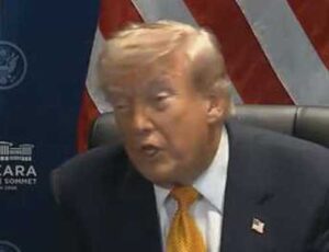 Trump speaking to reporters in Europe. Image-Fox/X video screengrab