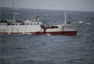 A USCGC Alex Haley (WMEC 39) boarding team boards the fishing vessel Run Da after the vessel was suspected of illegal high seas drift net fishing in the North Pacific Ocean, 860 miles east of Hokkaido, Japan, June 16, 2018. The boarding team discovered a reported 5.6-mile net on the fantail with supporting gear, 80 tons of chum salmon and one ton of squid on board. U.S. Coast Guard photo.